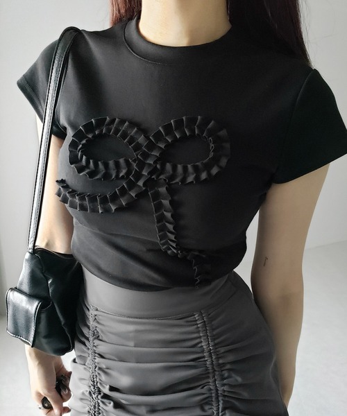 3color 】フリルリボンモチーフスリムTシャツ ／ frill ribbon