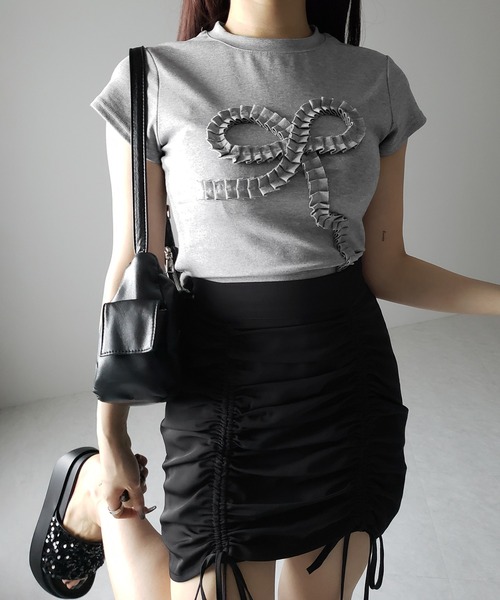ELISABETTA FRANCHI●スリムフィット リボンモチーフロゴTシャツ 3color 】フリルリボンモチーフスリムTシャツ / frill ribbon