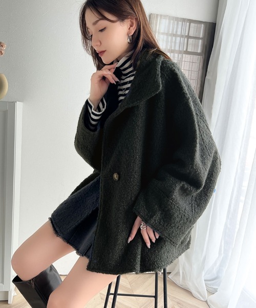 セール】温かふんわりエレガント。ボア素材スタンドネック オーバー