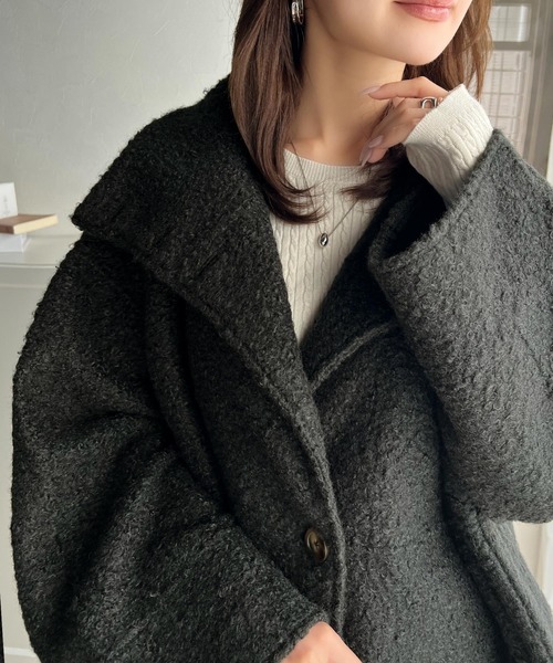 セール】温かふんわりエレガント。ボア素材スタンドネック オーバー