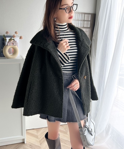 セール】温かふんわりエレガント。ボア素材スタンドネック オーバー