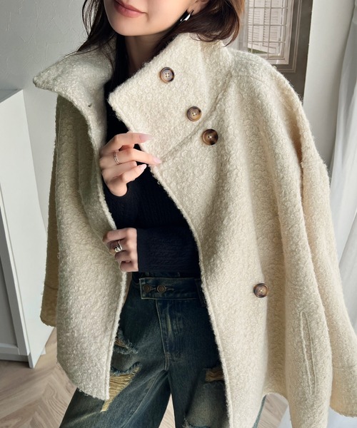 セール】温かふんわりエレガント。ボア素材スタンドネック オーバー