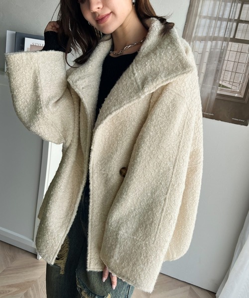 セール】温かふんわりエレガント。ボア素材スタンドネック オーバー