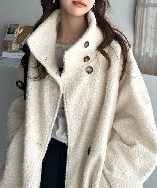 セール】温かふんわりエレガント。ボア素材スタンドネック オーバー