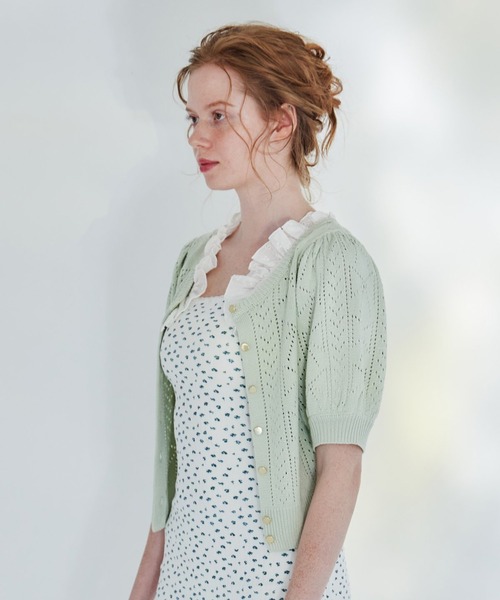 リボン柄クロシェ半袖カーディガン