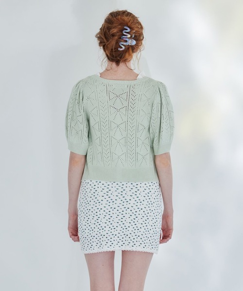 リボン柄クロシェ半袖カーディガン