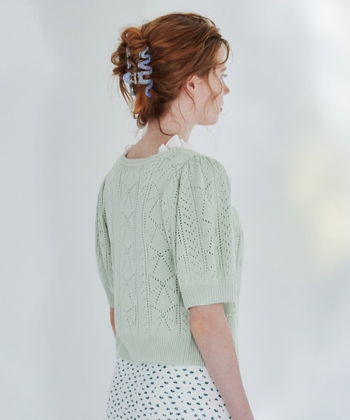 リボン柄クロシェ半袖カーディガン