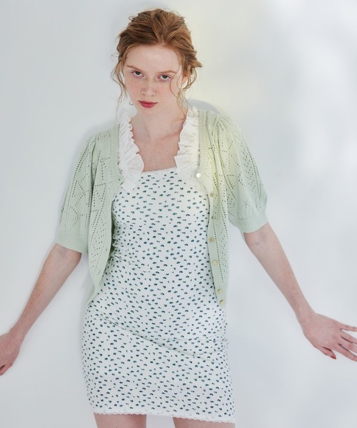 リボン柄クロシェ半袖カーディガン