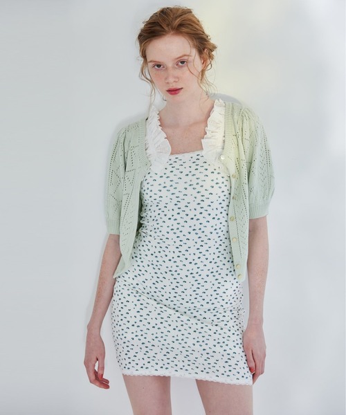 リボン柄クロシェ半袖カーディガン