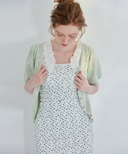 リボン柄クロシェ半袖カーディガン