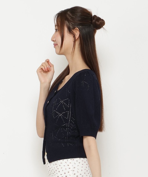 リボン柄クロシェ半袖カーディガン
