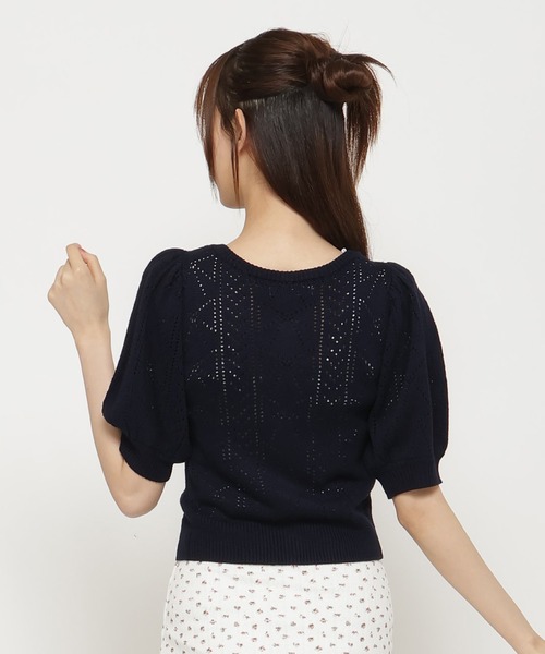 リボン柄クロシェ半袖カーディガン