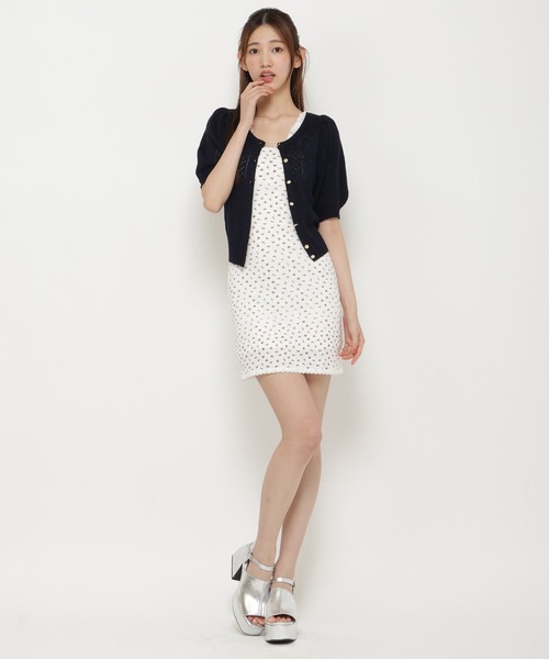 リボン柄クロシェ半袖カーディガン