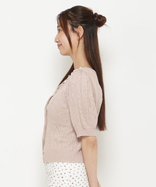 リボン柄クロシェ半袖カーディガン
