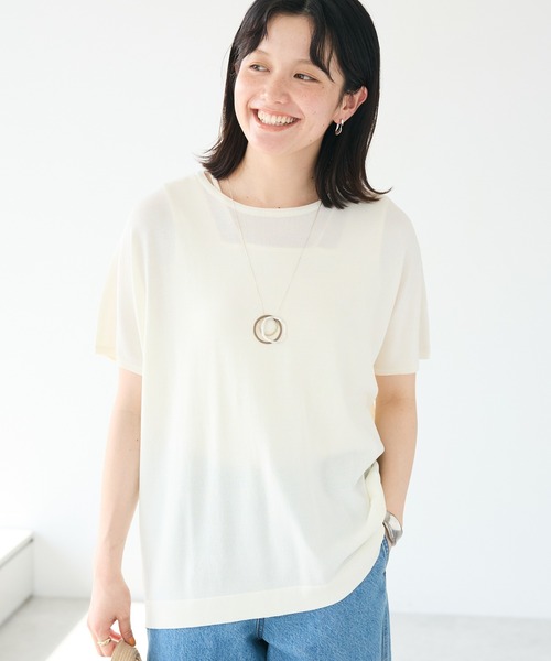 CRAFT STANDARD BOUTIQUE（クラフトスタンダードブティック）の「UVカット/接触冷感/洗える/　半袖ニットプルオーバー（ニット/セーター・レディース・アイボリー/ブラック/グリーン/サックスブルー・FREE）」の2枚目の写真