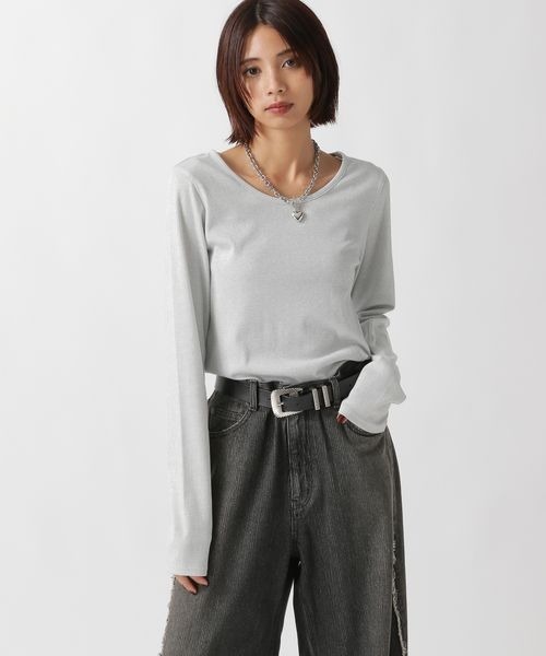 PAGEBOY（ページボーイ）の「キラキラカットロングスリーブ/ラメインナー　【新色追加】（Tシャツ/カットソー・レディース・ブラック/オフホワイト/シルバー/グレー系その他/ブラウン/ダークネイビー・FREE）」の7枚目の写真