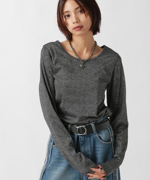 PAGEBOY（ページボーイ）の「キラキラカットロングスリーブ/ラメインナー　【新色追加】（Tシャツ/カットソー・レディース・ブラック/オフホワイト/シルバー/グレー系その他/ブラウン/ダークネイビー・FREE）」の12枚目の写真
