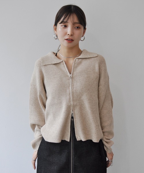 セール】ダブルジップ襟付きニットカーディガン（カーディガン/ボレロ