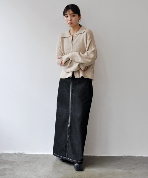 Meli rich(メリーリッチ)の「ダブルジップ襟付きニットカーディガン(カーディガン/ボレロ・レディース・ベージュ/チャコールグレー/アイボリー/カーキ・FREE)」の9枚目の写真