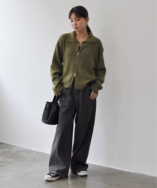 セール】ダブルジップ襟付きニットカーディガン（カーディガン/ボレロ