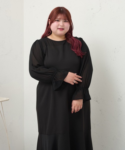 louiosy ルオシー　シアードットワンピース　ブラック　3L 新品タグ付き セール】【大きいサイズ】シアー切り替えマーメイドワンピース