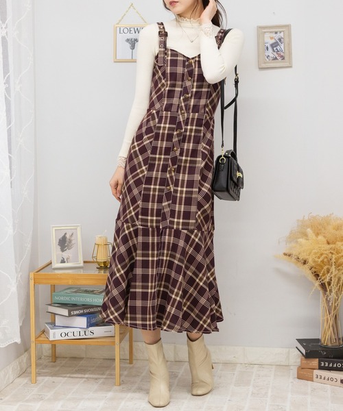 セール】チェック柄 裾マーメイド切替 ロングジャンスカ ワンピース