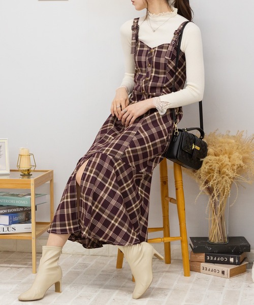 セール】チェック柄 裾マーメイド切替 ロングジャンスカ ワンピース