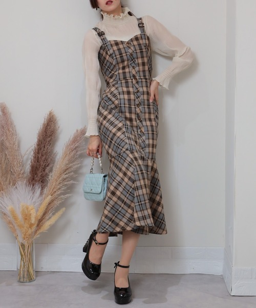 セール】チェック柄 裾マーメイド切替 ロングジャンスカ