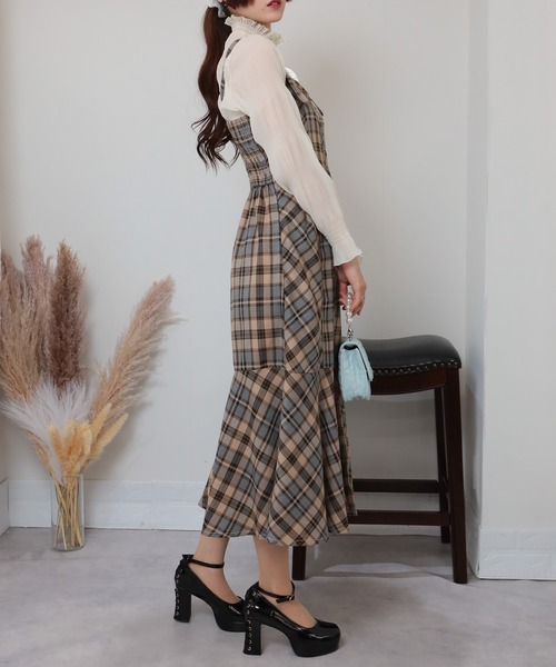 セール】チェック柄 裾マーメイド切替 ロングジャンスカ ワンピース