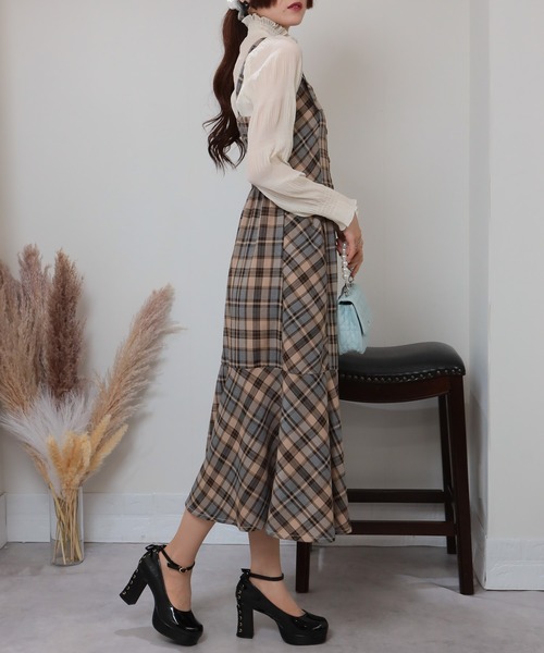 セール】チェック柄 裾マーメイド切替 ロングジャンスカ ワンピース