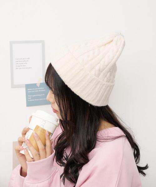 WEGO（ウィゴー）の「WEGO/ケーブルニットキャップ（ニットキャップ/ビーニー・レディース・ブラック/オフホワイト・FREE）」の4枚目の写真