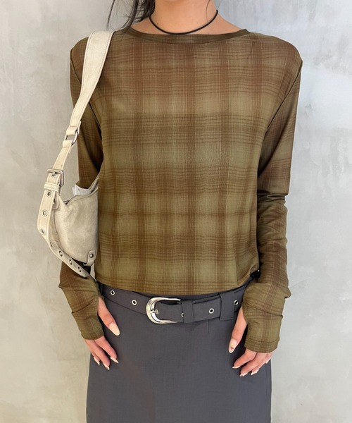 y/m（イム）の「シアーチェック柄メッシュトップス（Tシャツ/カットソー・レディース・オリーブ・FREE）」の5枚目の写真
