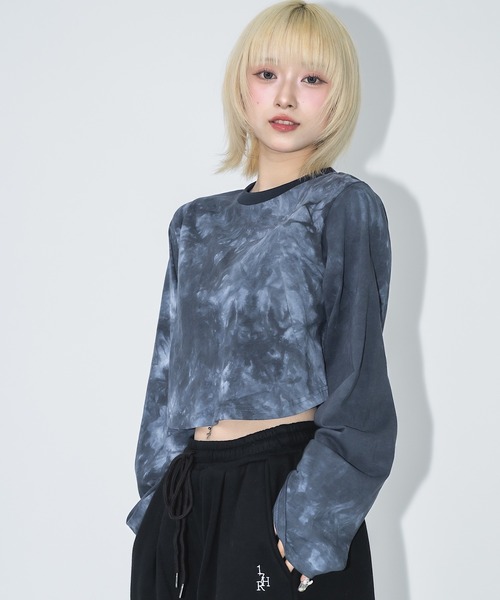 【関税込】 タイ ダイ クロップ Tシャツ - ブルー タイダイクロップドロンT（Tシャツ/カットソー）｜17HR