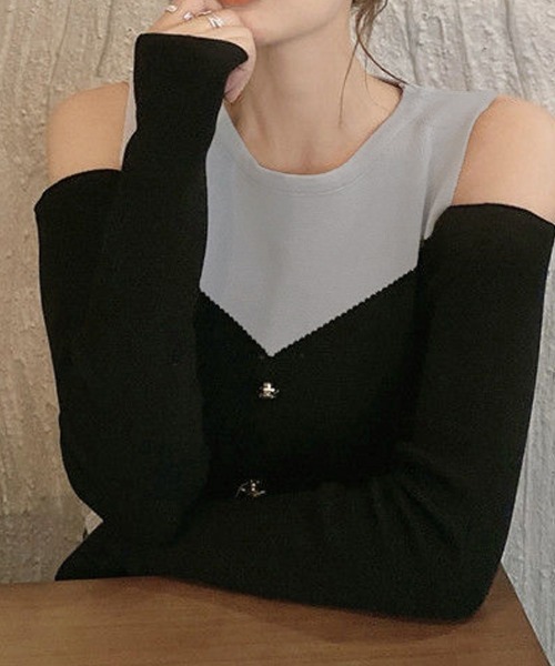 Miniministore(ミニミニストア)の「ニットトップス オフショルダーリブニット(ニット/セーター・レディース・グレー×ホワイト/ブラック×グレー・FREE)」の6枚目の写真