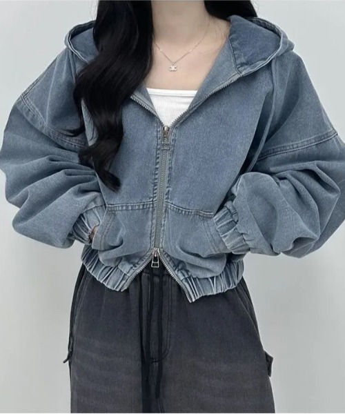 SHEENA（シーナ）の「ダブルジップデニムパーカーブルゾン（ブルゾン・レディース・ブラック/ブルー・M）」の16枚目の写真