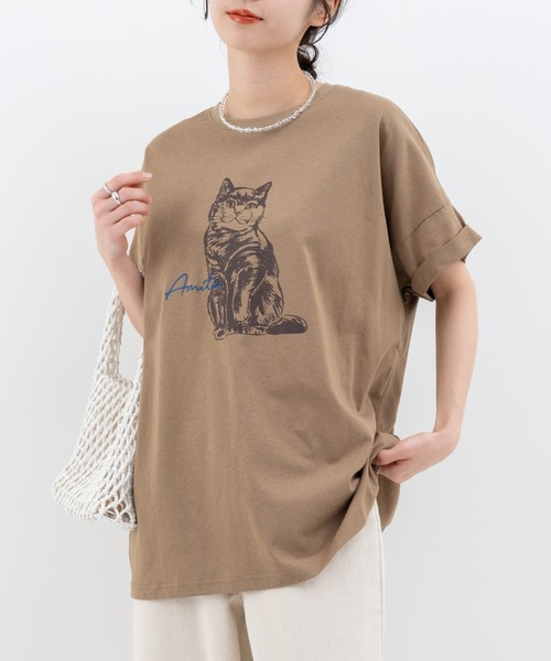 refinedworks(リファインドワークス)の「【refinedworks】レトロ 可愛い 猫 ちゃん がモチーフ となった Tシャツ(Tシャツ/カットソー・レディース・グレイッシュベージュ/ブラウン/ミント・FREE)」の2枚目の写真