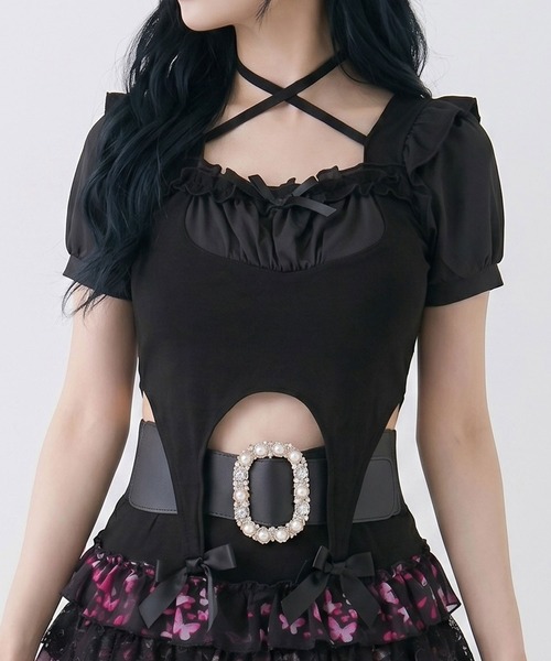 Diable baiser(ディアブルベーゼ)の「メイド風バスト盛り半袖カットソー【大きいサイズ有】(Tシャツ/カットソー・レディース・ブラック/ホワイト・3L/LL/LARGE/MEDIUM/SMALL)」の1枚目の写真