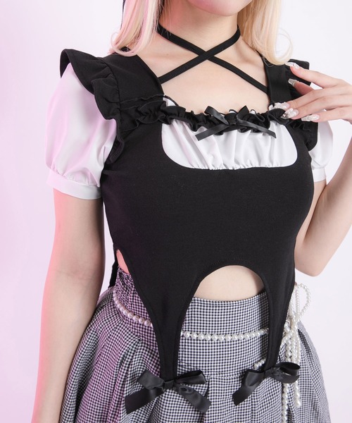 Diable baiser(ディアブルベーゼ)の「メイド風バスト盛り半袖カットソー【大きいサイズ有】(Tシャツ/カットソー・レディース・ブラック/ホワイト・3L/LL/LARGE/MEDIUM/SMALL)」の8枚目の写真