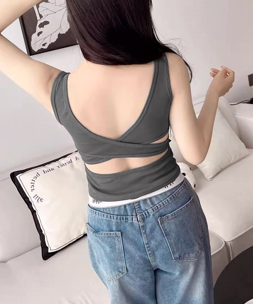 トップス mimi セール】カップ付きタンクトップ背中あきブラトップ（タンク