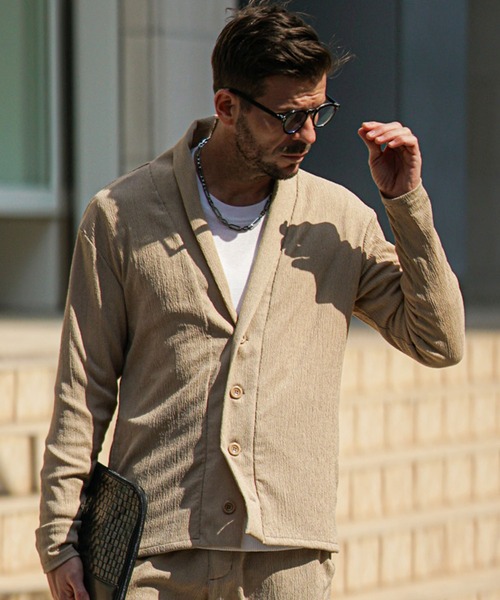 SOMEDIFF（サムディフ）の「サマーリゾートショールカーディガン メンズ 楊柳 カーデ ライトアウター 羽織 春服（カーディガン/ボレロ・メンズ・グリーン/ベージュ/ブラック・M/L/XL）」の2枚目の写真