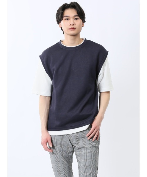 m.f.editorial(エムエフエディトリアル)の「m.f.エディトリアル メンズ ベストレイヤード風 クルーネック 半袖 Tシャツ(Tシャツ/カットソー・メンズ・ライトグレー/グレー系その他2/ネイビー・MEDIUM/LARGE/X-LARGE)」の3枚目の写真