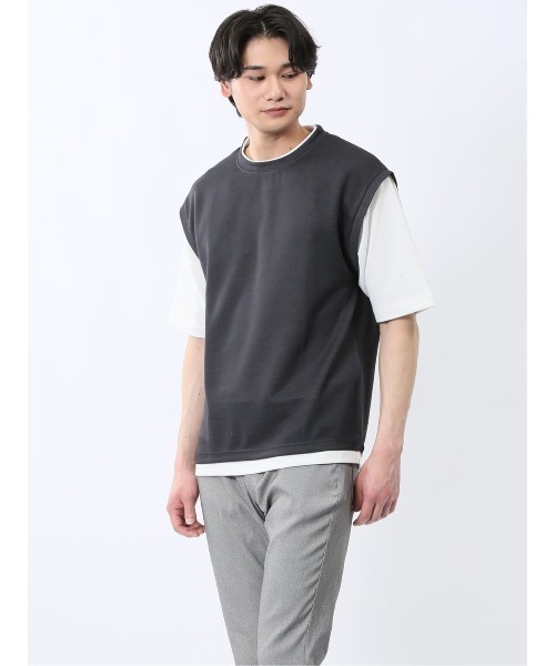 m.f.editorial(エムエフエディトリアル)の「m.f.エディトリアル メンズ ベストレイヤード風 クルーネック 半袖 Tシャツ(Tシャツ/カットソー・メンズ・ライトグレー/グレー系その他2/ネイビー・MEDIUM/LARGE/X-LARGE)」の1枚目の写真