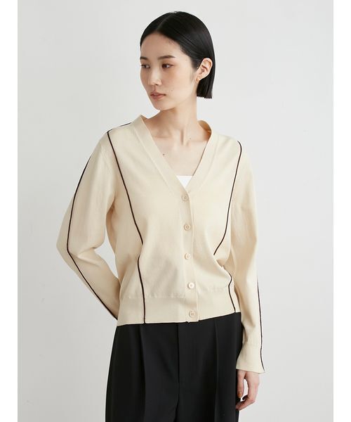 美品 ミースロエ MIESROHE シルクリネン混パイピングニットカーデ F Drawer - 美品 ミースロエ MIESROHE シルクリネン混パイピングニット