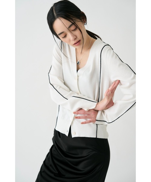 美品 ミースロエ MIESROHE シルクリネン混パイピングニットカーデ F 美品 ミースロエ MIESROHE シルクリネン混パイピングニットカーデ F
