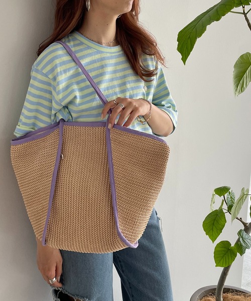 210nouve（トゥージュヌーブ）の「ペーパー編み配色パイピングトートバッグ（かごバッグ・レディース・パープル/イエロー/ピンク/ブラック・FREE）」の3枚目の写真