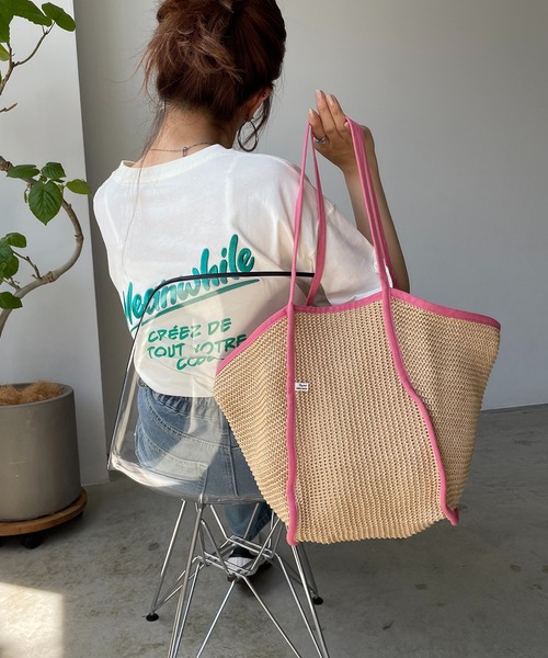 ペーパー編み配色パイピングトートバッグ（かごバッグ