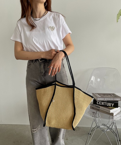 210nouve（トゥージュヌーブ）の「ペーパー編み配色パイピングトートバッグ（かごバッグ・レディース・パープル/イエロー/ピンク/ブラック・FREE）」の12枚目の写真