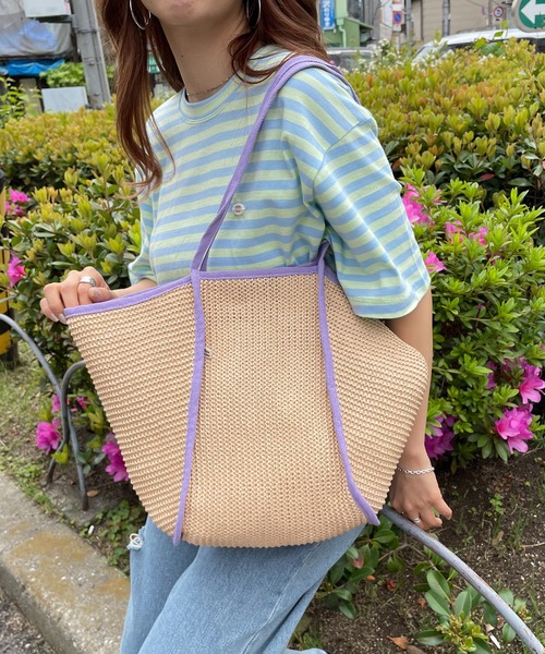 210nouve（トゥージュヌーブ）の「ペーパー編み配色パイピングトートバッグ（かごバッグ・レディース・パープル/イエロー/ピンク/ブラック・FREE）」の21枚目の写真