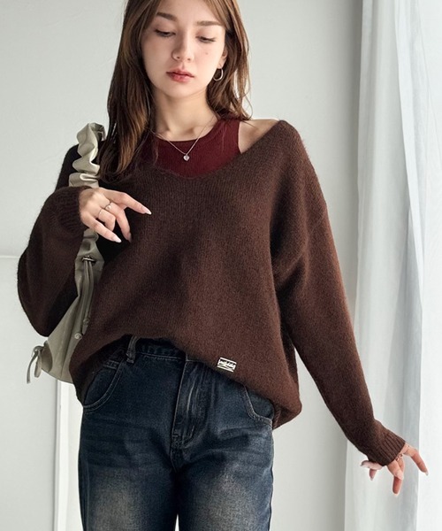 mily bilet(ミウィビレット)の「【mily bilet】ニット×タンクの着まわし自在セットアップ!プレート使い異素材ニットレイヤードオフショル見せアンサンブルニット(ニット/セーター・レディース・チャコールグレー/アイボリー/ブラウン・LARGE/MEDIUM/SMALL/X-LARGE)」の1枚目の写真
