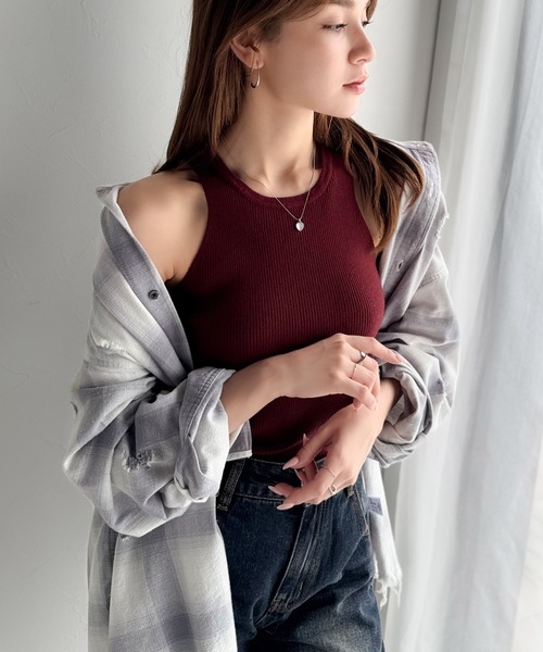 mily bilet(ミウィビレット)の「【mily bilet】ニット×タンクの着まわし自在セットアップ!プレート使い異素材ニットレイヤードオフショル見せアンサンブルニット(ニット/セーター・レディース・チャコールグレー/アイボリー/ブラウン・LARGE/MEDIUM/SMALL/X-LARGE)」の12枚目の写真